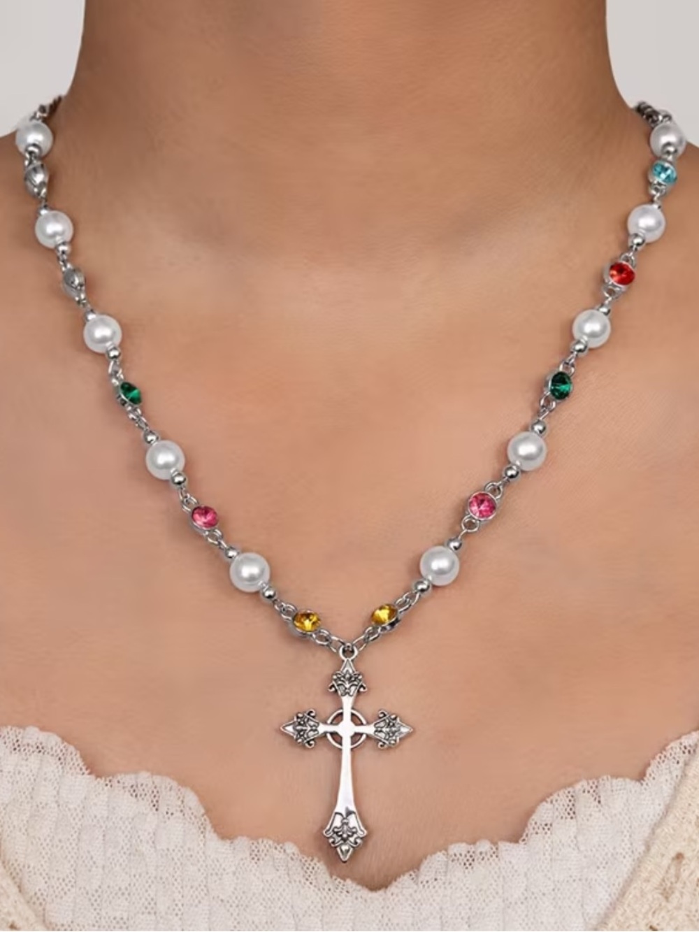 Silver Cross Pendant Necklace with Multi-Color Crystals and Pearls